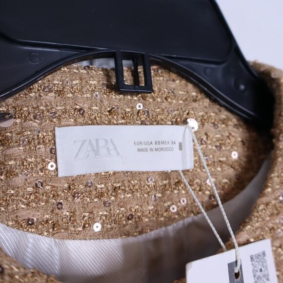 ZARA NWT Sequin Belt Blazer Camel Tweed Round Neck Long Sleeve Women's XS - Picture 10 of 13